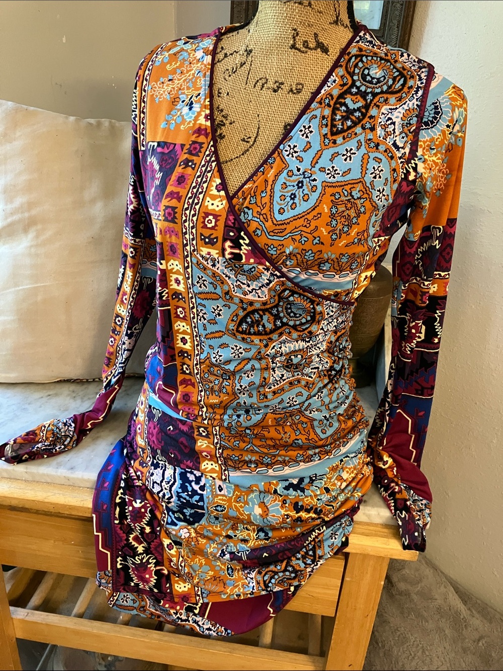 Hale Bob Multicolor Paisley Wrap-Style Long Sleeve Dress